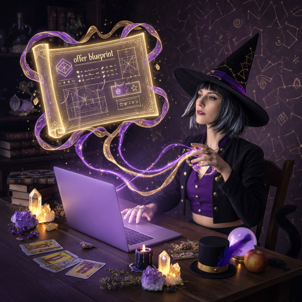 Witch casting an offer blueprint over a laptop